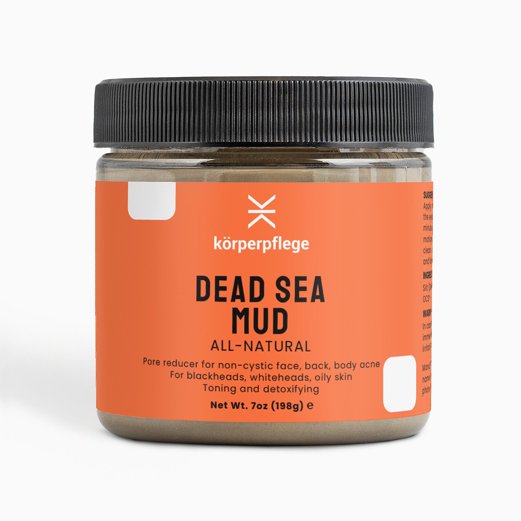 Jar of Dead Sea Mud Mask with an orange label on a white background.
